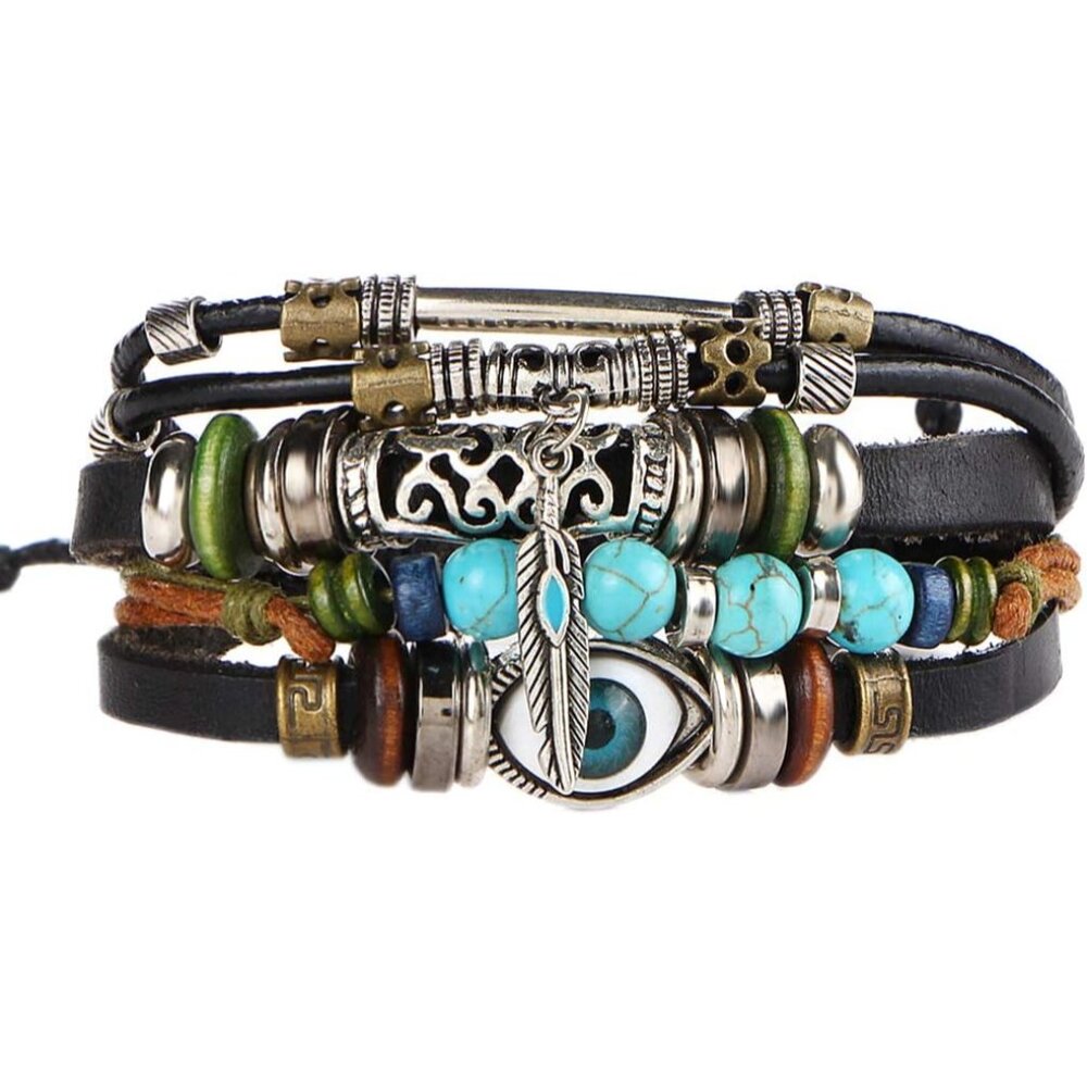 Multilayer Leather Bracelet, Handmade Beaded Bracelet,Blue Eye Bracelet Vintage